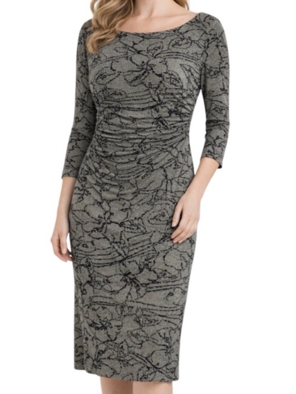 David Meister Women Black and Gray 3/4 Sleeves Midi Dress Size 8 Invisible Zip